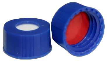CS-100000 - 2 mL, 9 mm Blue Screw Cap, Red PTFE/White Silicone 0.040 Thickness, Hardness 45 Shore A, Pkg. 100