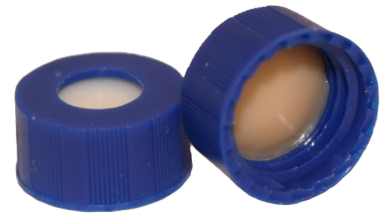 CS-100014 - 2 mL, 9 mm Blue Screw Cap, Tan PTFE/White Silicone 0.040 Thickness, Bonded, Pkg. 100