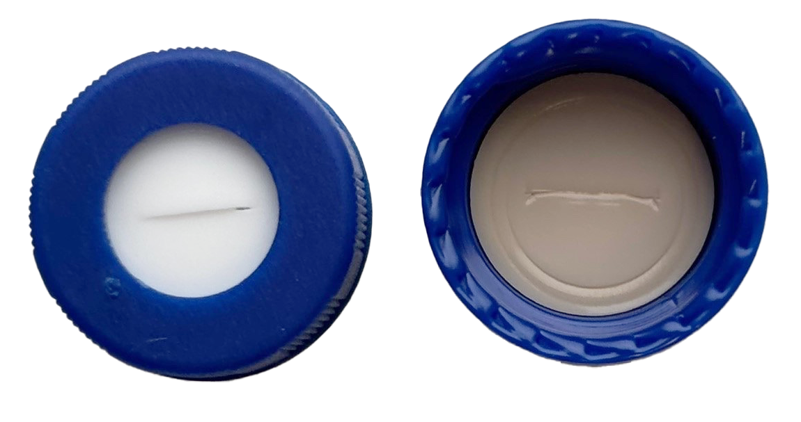 CS-100016 - 2 mL, 9 mm Blue Screw Cap, Tan PTFE/White Silicone 0.040 Thickness, SLIT Bonded, Pkg. 100