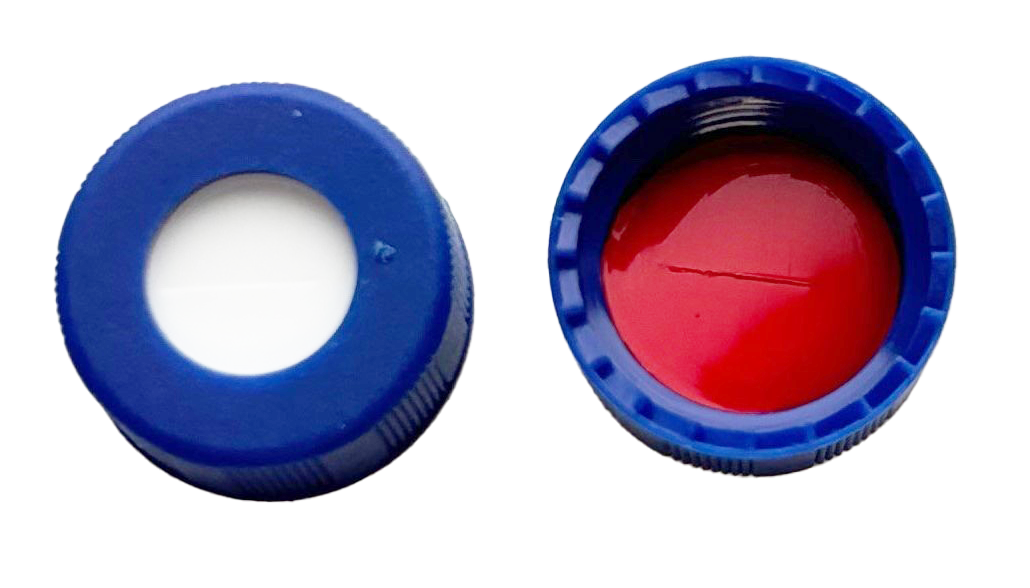 CS-100020 - 2 mL, 9 mm Blue Screw Cap, Red PTFE/White Silicone 0.040 Thickness, SLIT Bonded, Pkg. 100