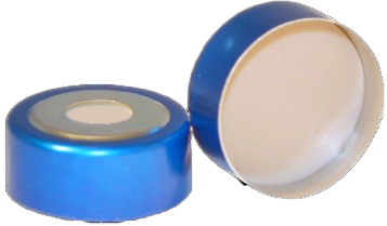 CS-100048 - 20 mL, 20 mm Headspace Blue Bi-Metal Magnet Crimp Cap, Tan PTFE/White Silicone 0.120 Thick, Ultra Low Bleed, Pkg. 100