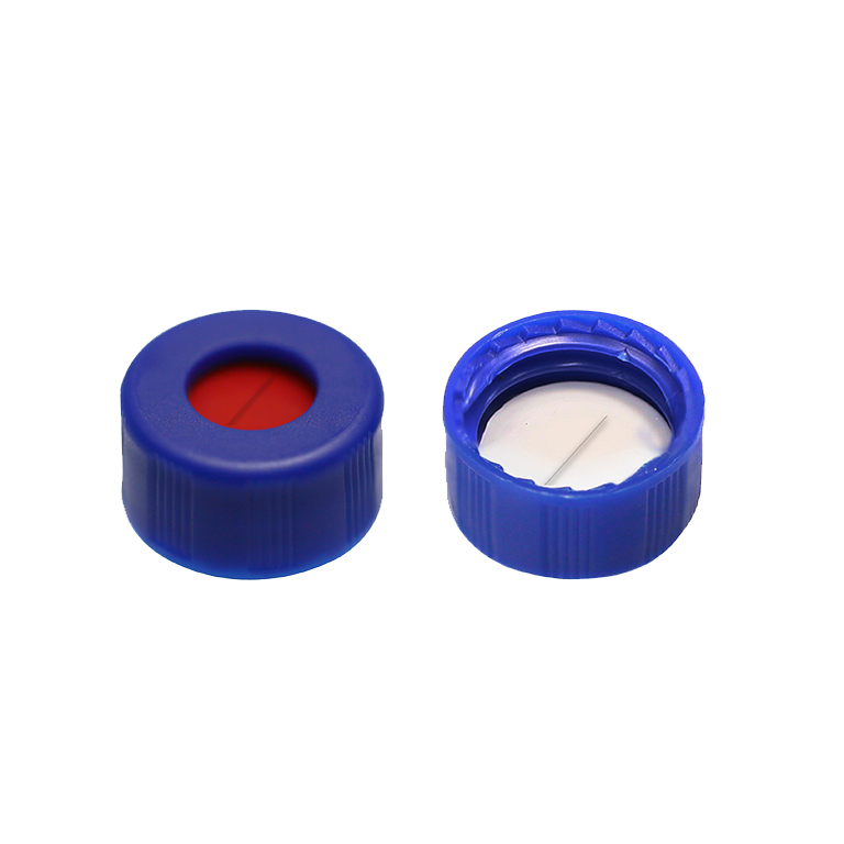 CS-100069 - 2 mL, 9 mm Blue Short Screw Cap Pre-slit White PTFE/Red Silicone Septa, 9 x 1 mm, 6 mm Center Hole, Pkg. 100