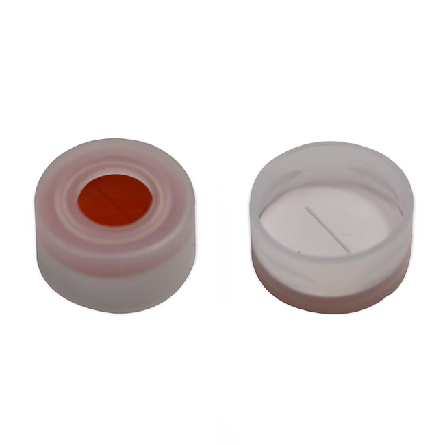 CS-100074 - 2 mL, 11 mm Natural Snap Cap, Pre-slit White PTFE/Red Silicone Septa, 11 x 1 mm, 6 mm Center Hole, Pkg. 100