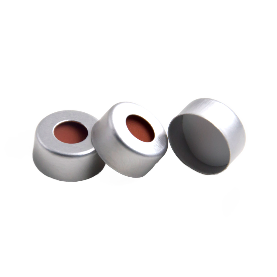 CS-100075 - 2 mL, 11 mm Aluminum Crimp Cap, White PTFE/Red Silicone Septa, 11 x 1 mm, 5.5 mm Center Hole, Pkg. 100