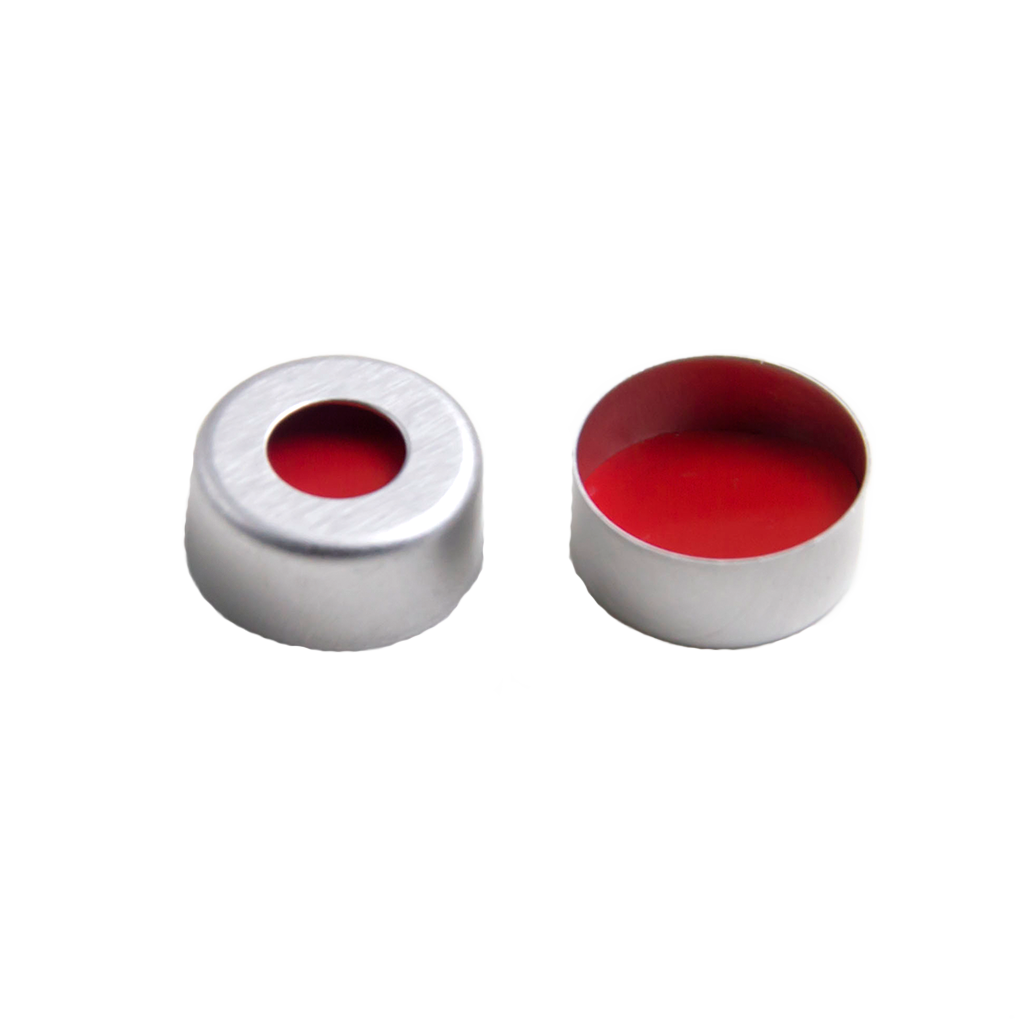 CS-100076 - 2 mL, 11 mm Aluminum Crimp Cap, Red PTFE/White Silicone/Red PTFE Septa, 11 x 1 mm, 5.5 mm Center Hole,Pkg. 100