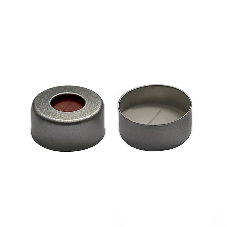 CS-100077 - 2 mL, 11 mm Aluminum Crimp Cap, Pre-slit White PTFE/Red Silicone Septa, 11 x 1 mm, 5.5 mm Center Hole, Pkg. 100