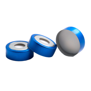 CS-100079 - 20 mL, 20 mm Headspace Blue Magnetic Aluminum Crimp Cap White PTFE/White Silicone Septa, 20 x 3 mm, 8 mm Center Hole, Pkg. 100