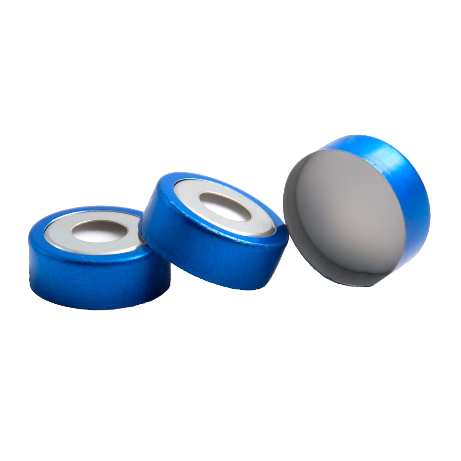 CS-100079 - 20 mL, 20 mm Headspace Blue Magnetic Aluminum Crimp Cap White PTFE/White Silicone Septa, 20 x 3 mm, 8 mm Center Hole, Pkg. 100