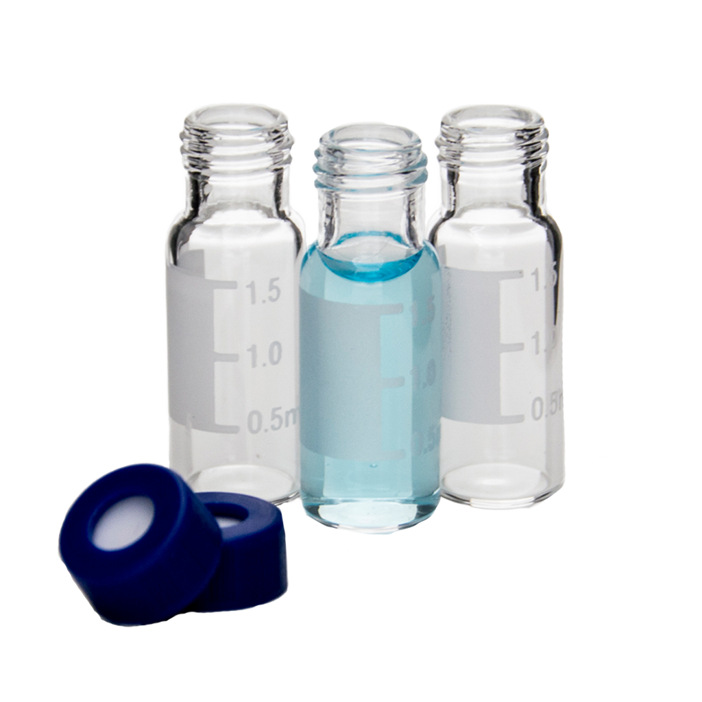 CV-100053 - 2 mL Clear Glass 9 mm Screw-Top Vial Write-on Patch, PP Blue Cap, White Silicone /Red PTFE, Pkg. 100 - Convenience Kit